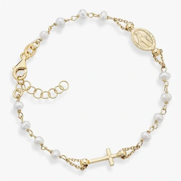 Italian 18K Gold- 925 Sterling Silver Freshwater Pearl Rosary Cross Bracelet - Picture 9 of 12